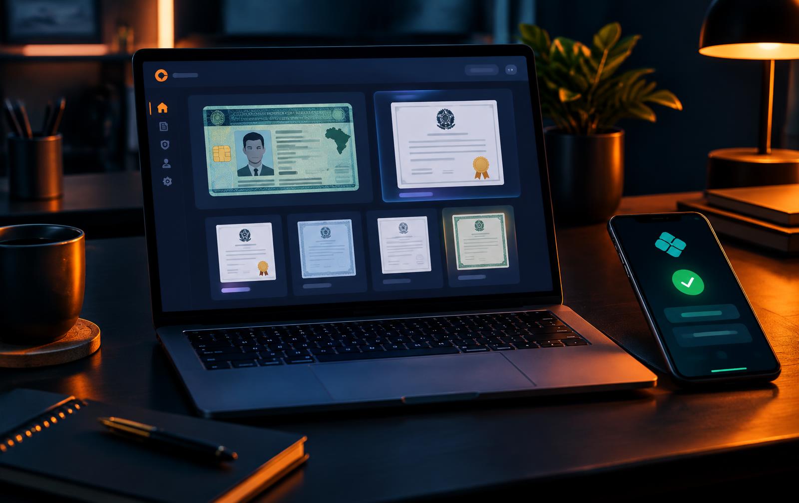 Painel UltraDocs com CNH e certificados na tela e Pix aprovado no celular